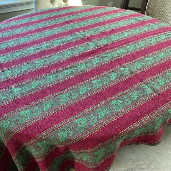 Rectangular Vintage Tablecloth Red, Green + Gold Metallic Striped Holiday/Xmas - Picture 5 of 8